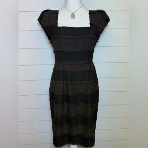 Nanette Lepore Black and Brown Fringed Tweed Tiered Dress with Pockets Size 6
